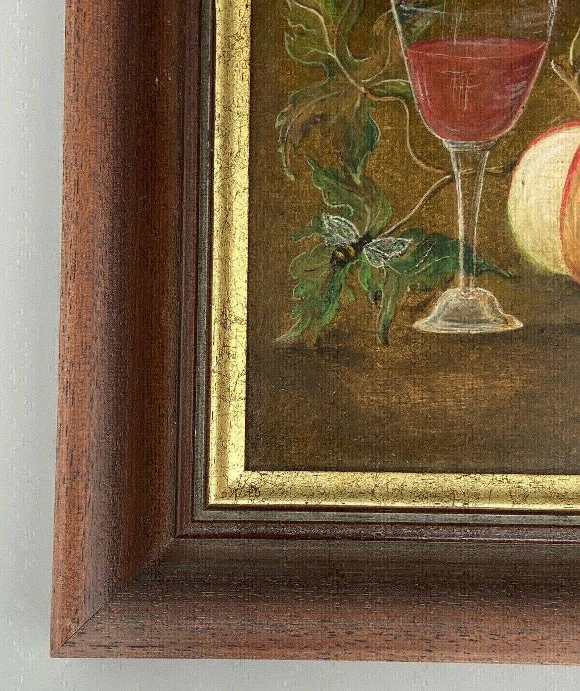 Oil panel monogram eg to identify still life fruits glass wine