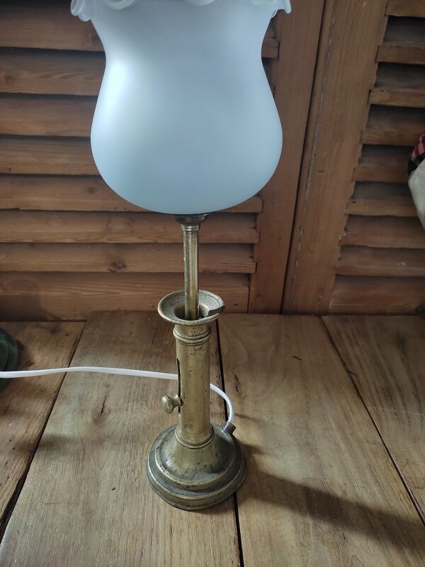 Lamp candlestick brass Tulip frosted glass bluish dp 1222101