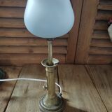 Lampe bougeoir laiton tulipe verre dépoli bleuté