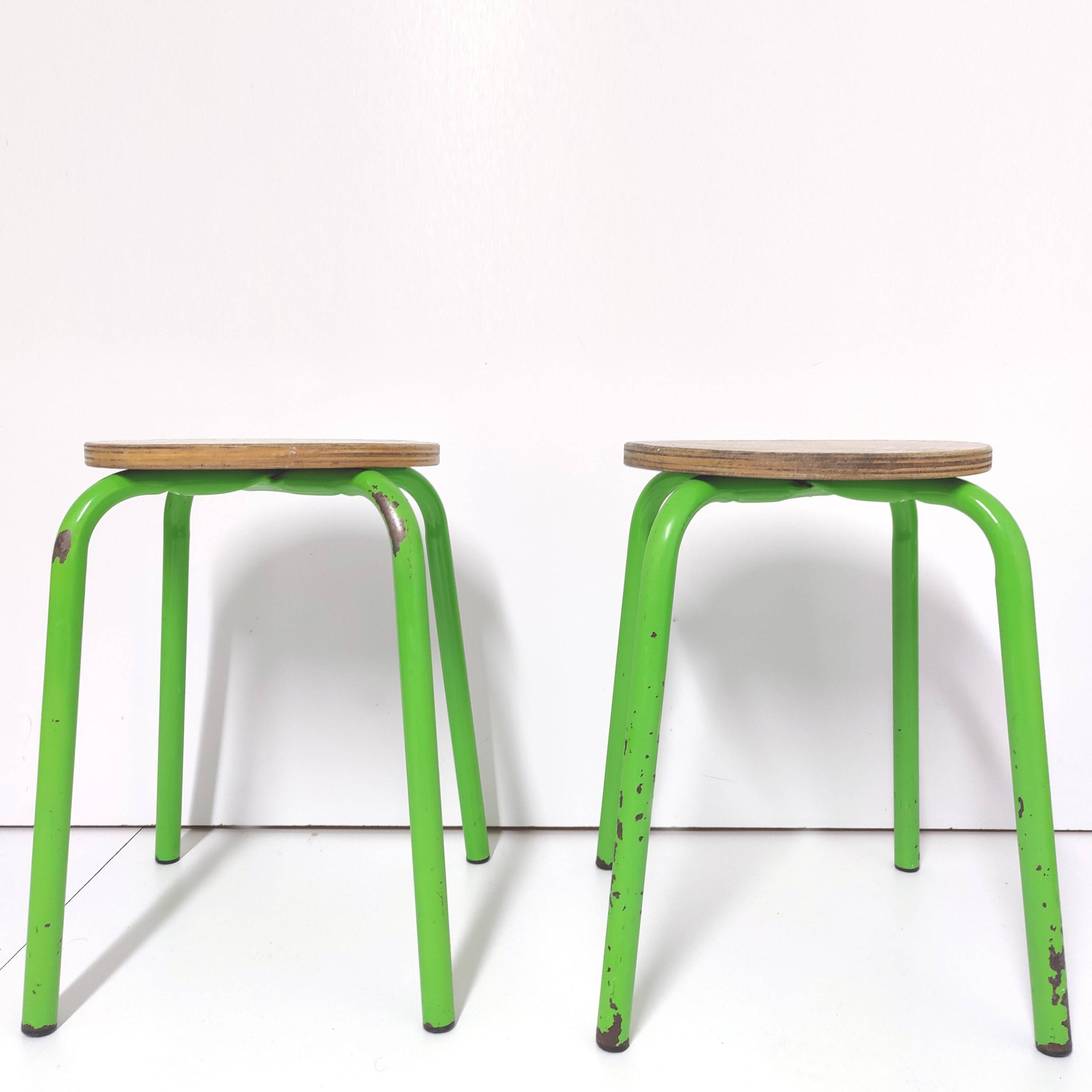 Set of 2 vintage green metal and wood stools