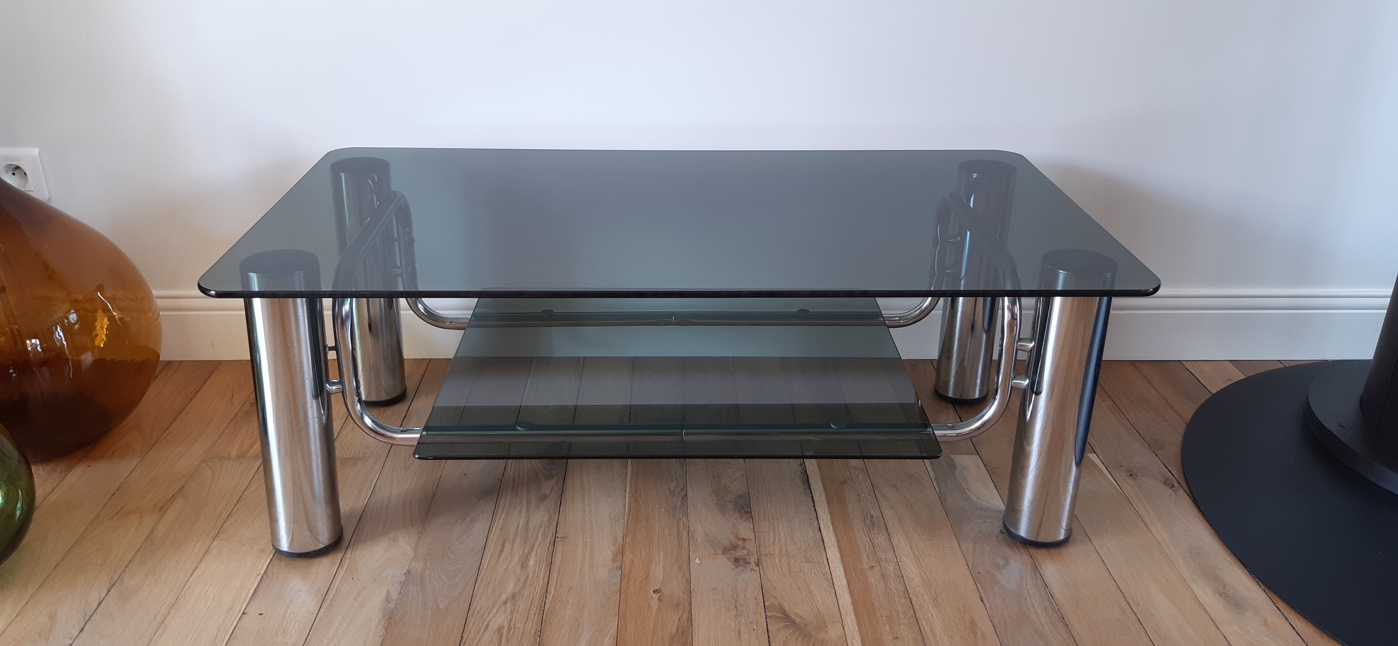 Smoked glass coffee table and chrome legs 70s