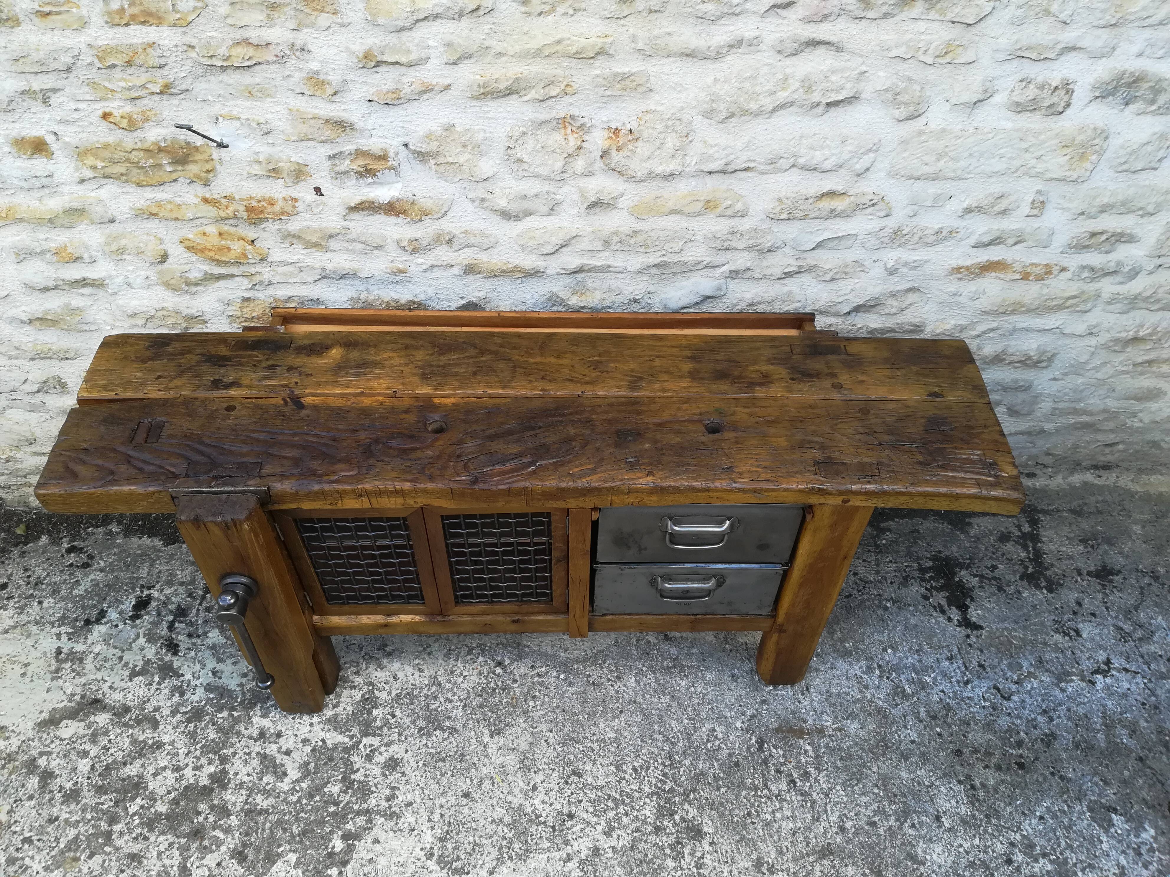 Oak and metal workbench