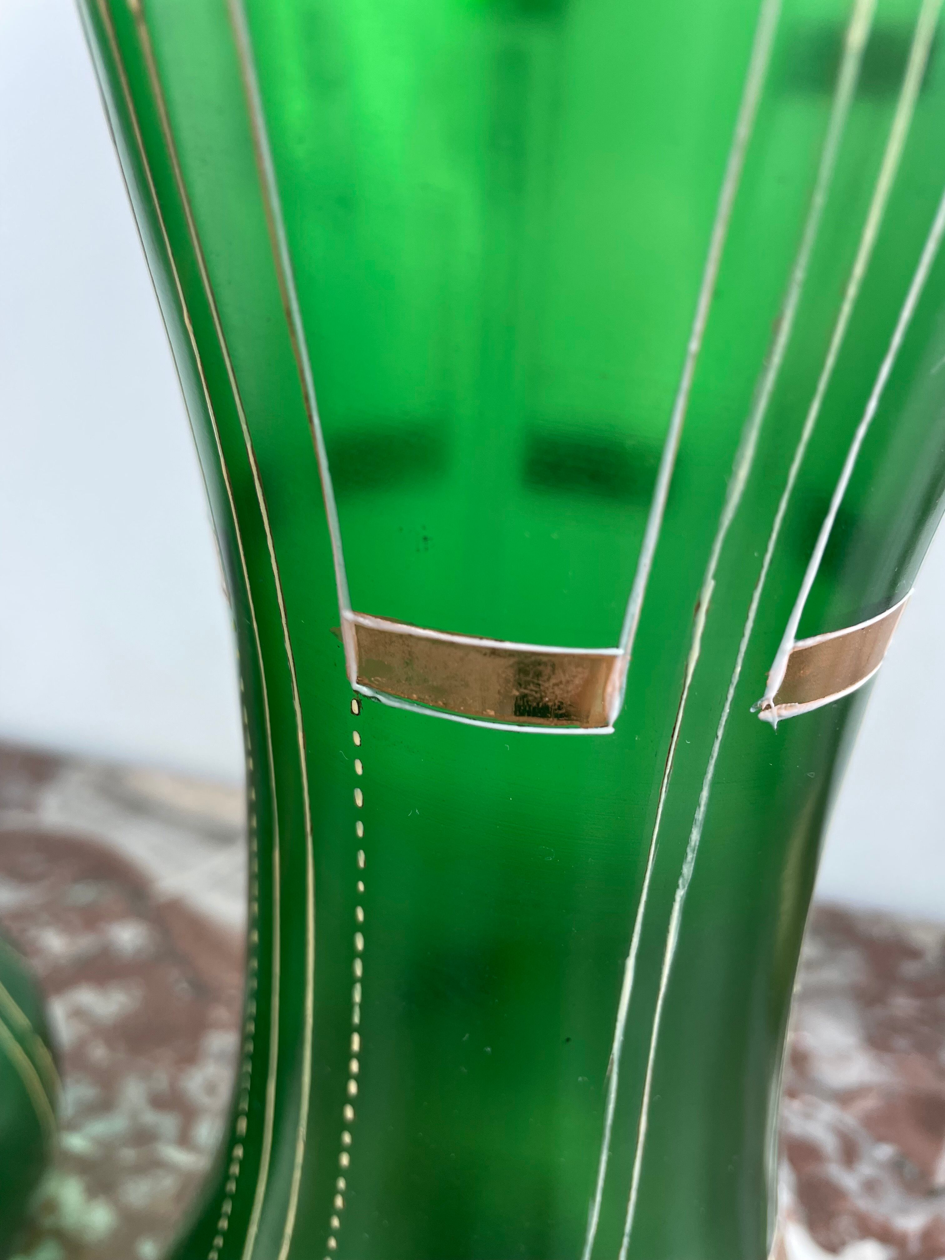 Antique, pair, green vases, flower decoration, golden, ART DECO, daisies, knot, hand painted