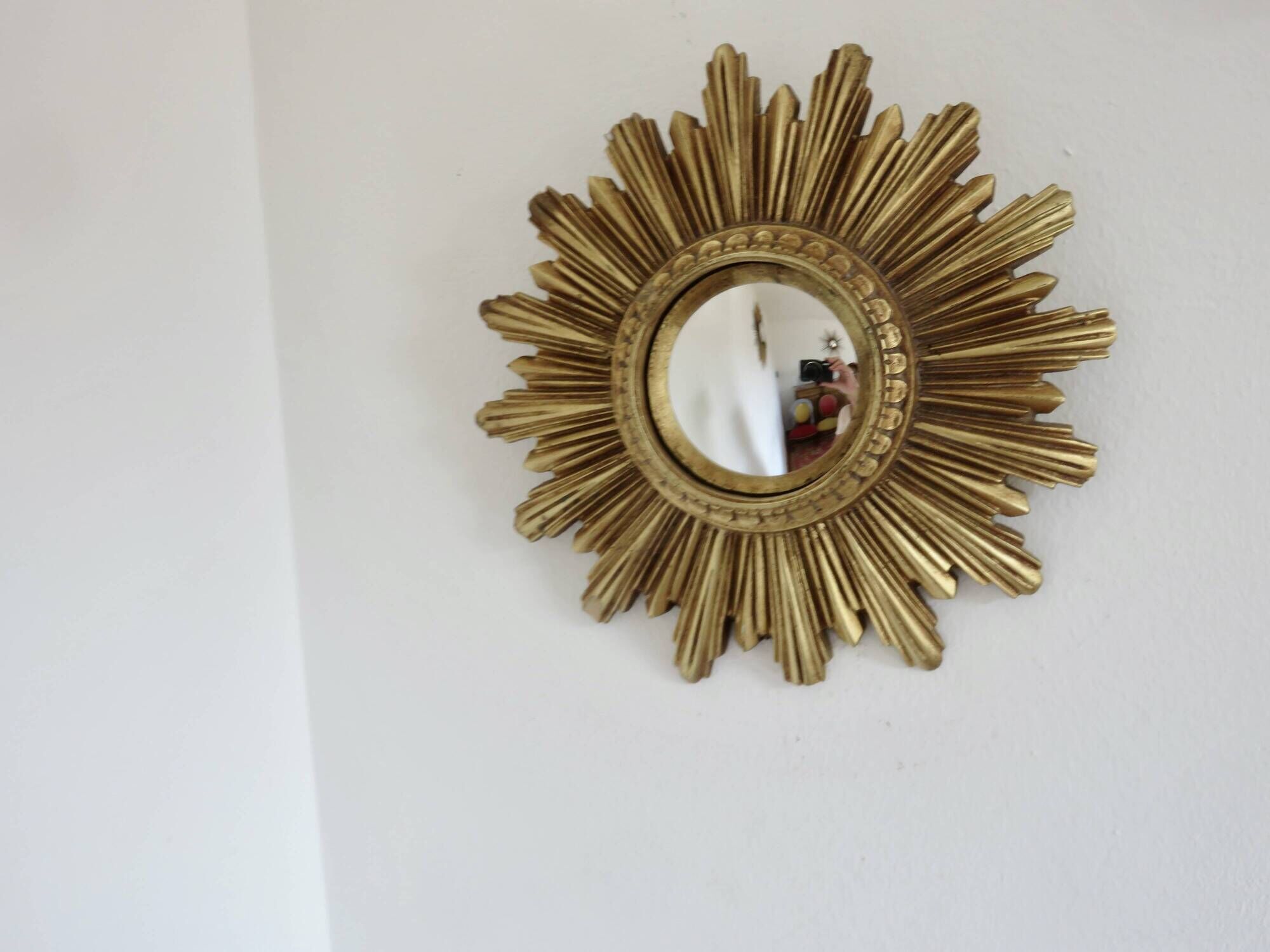 Old small golden sun mirror, witch's eye, curved, 60s-70s.
