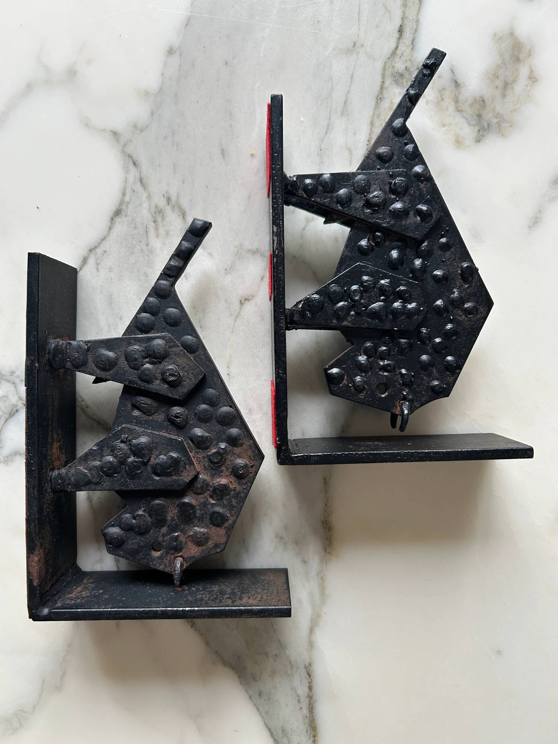 Pair of brutalist buffalo / bison bookends, black metal, mid-century