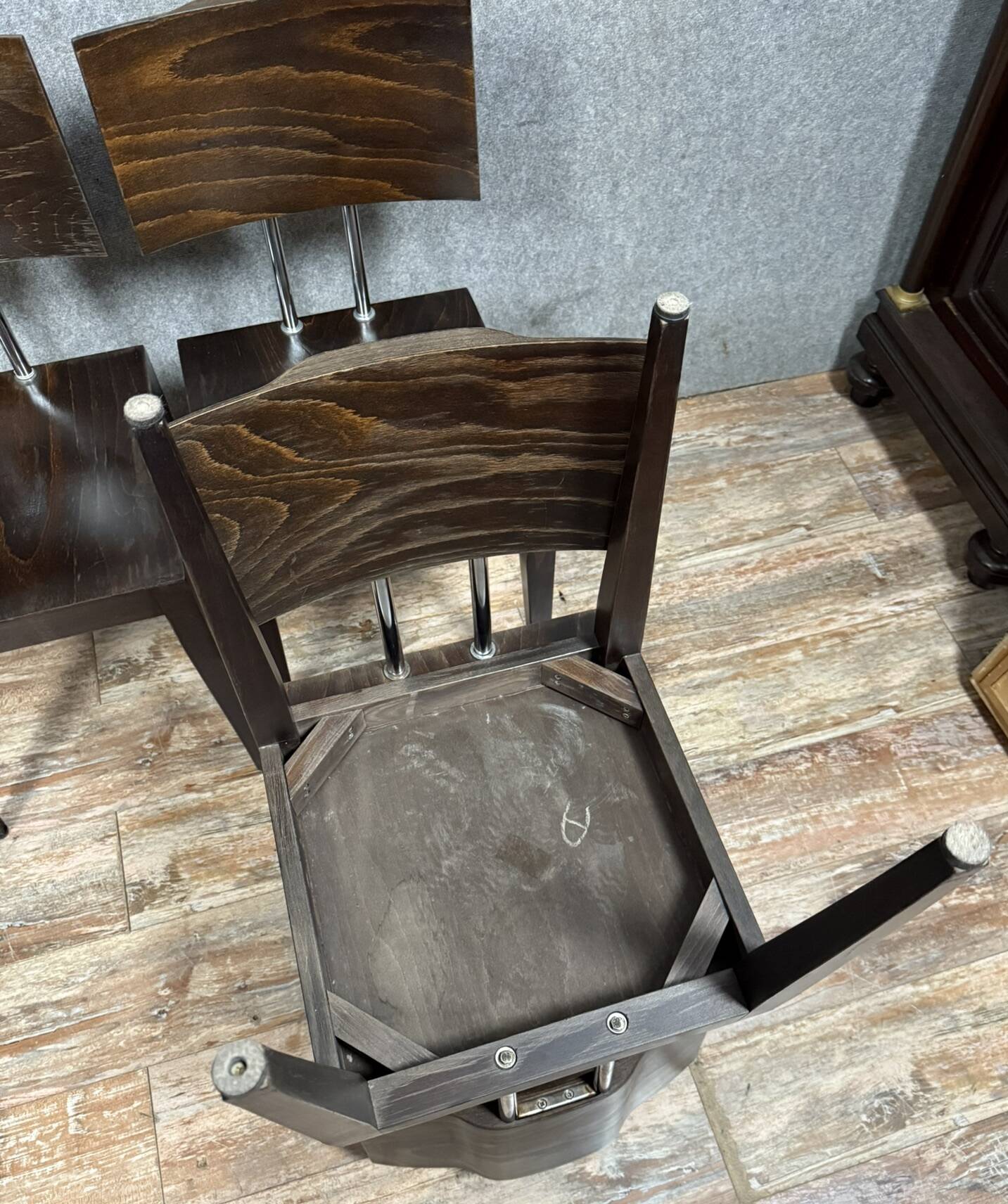 Set of four 1970's Design chairs in stained grained wood