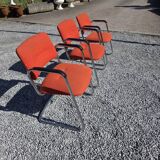 3 vintage chrome metal armchairs with orange fabric tops