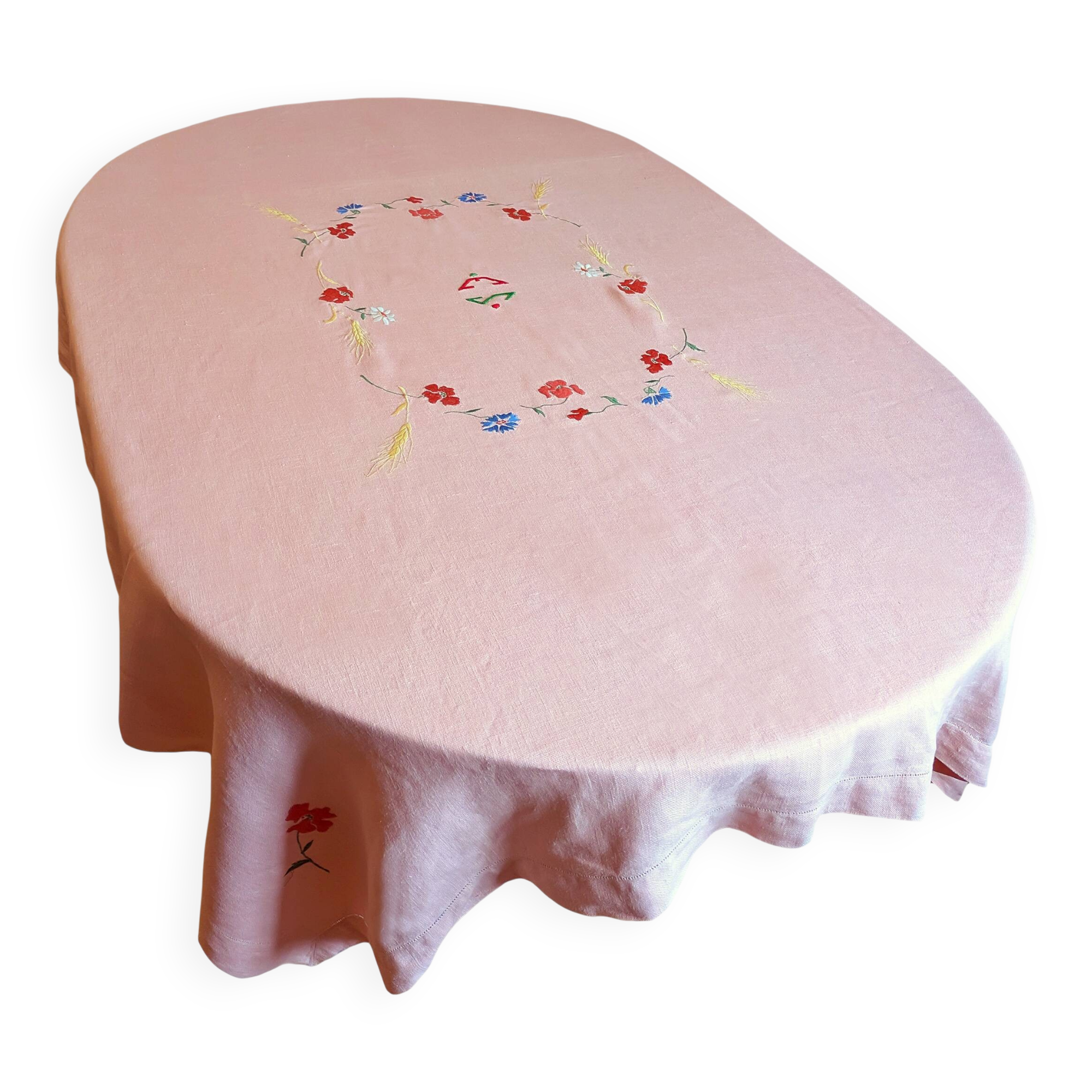Antique hand-embroidered pink linen tablecloth, 170x130 cm – Unique piece