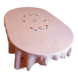 Antique hand-embroidered pink linen tablecloth, 170x130 cm – Unique piece