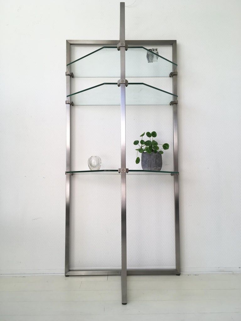 Stainless steel and glass wall shelf, bookcase by Peter Ghyzy, model pioneer