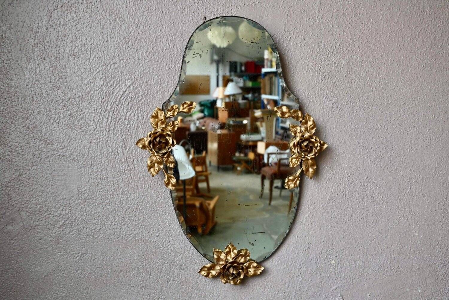 Louis XV Style Wall Mirror Golden Brass Vintage Flowers 1950s