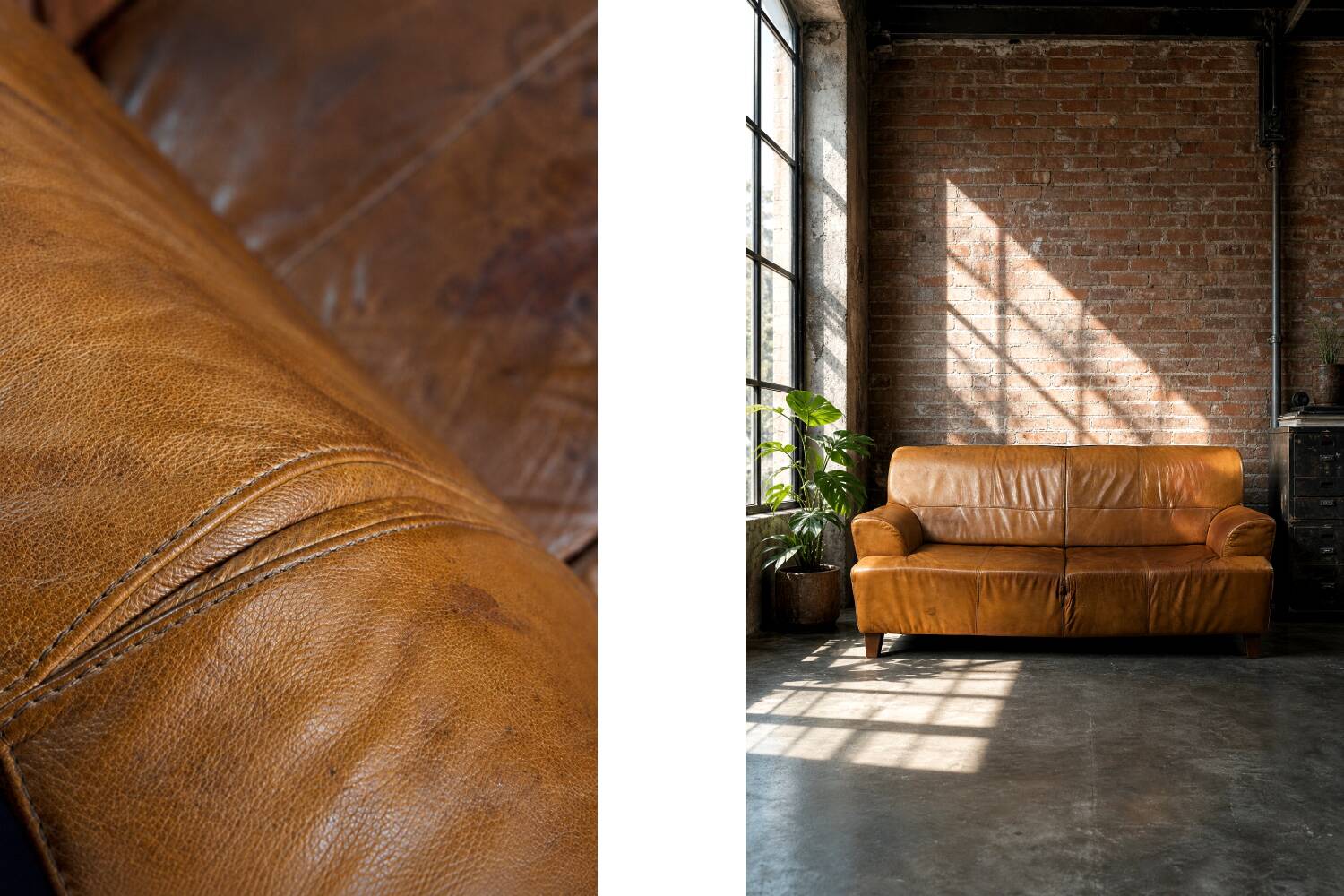 Canapé 3 places en cuir marron industriel vintage des années 1960, style mid-century modern