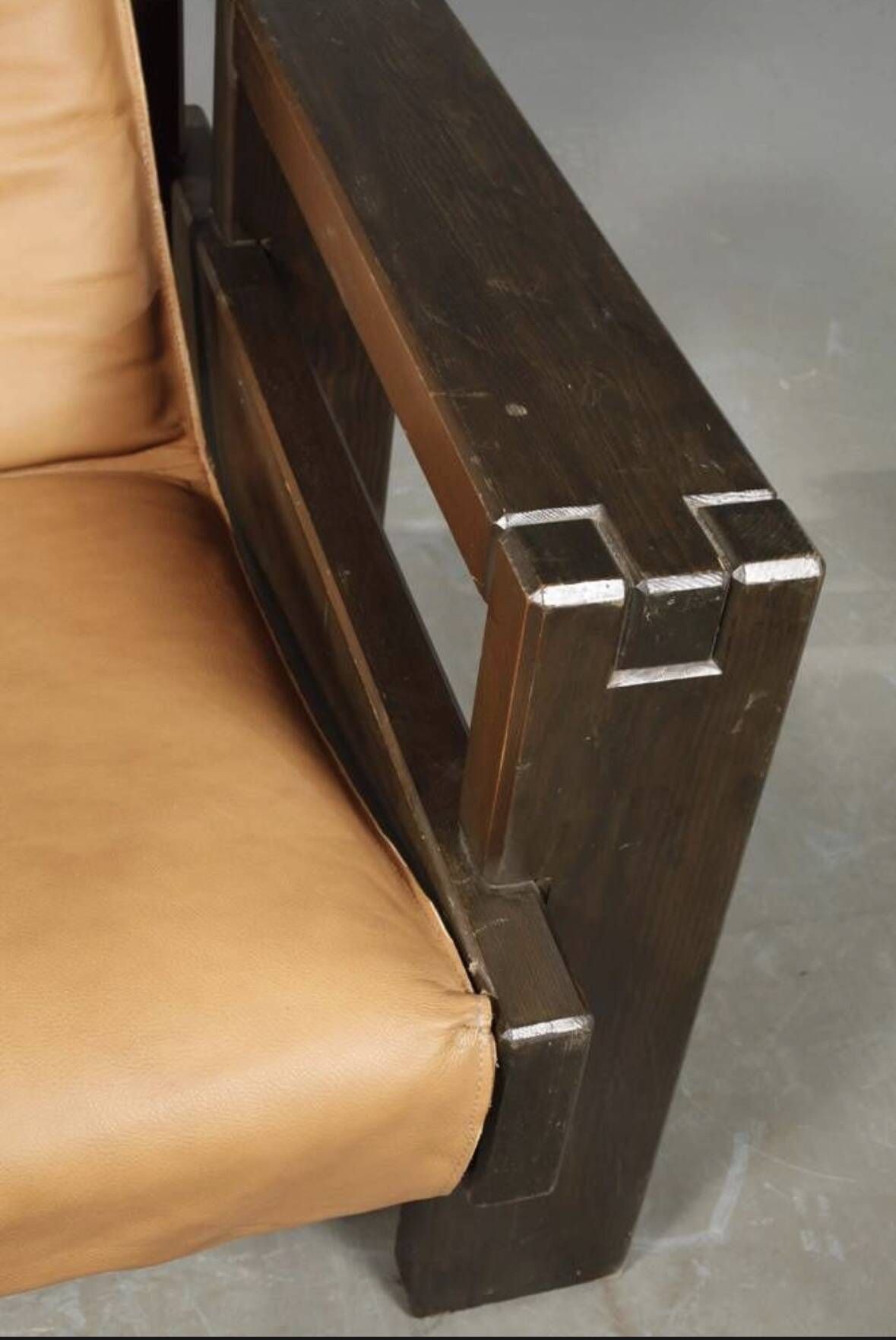 Brutalist Design Armchair Wood and Leather Vintage 1970s