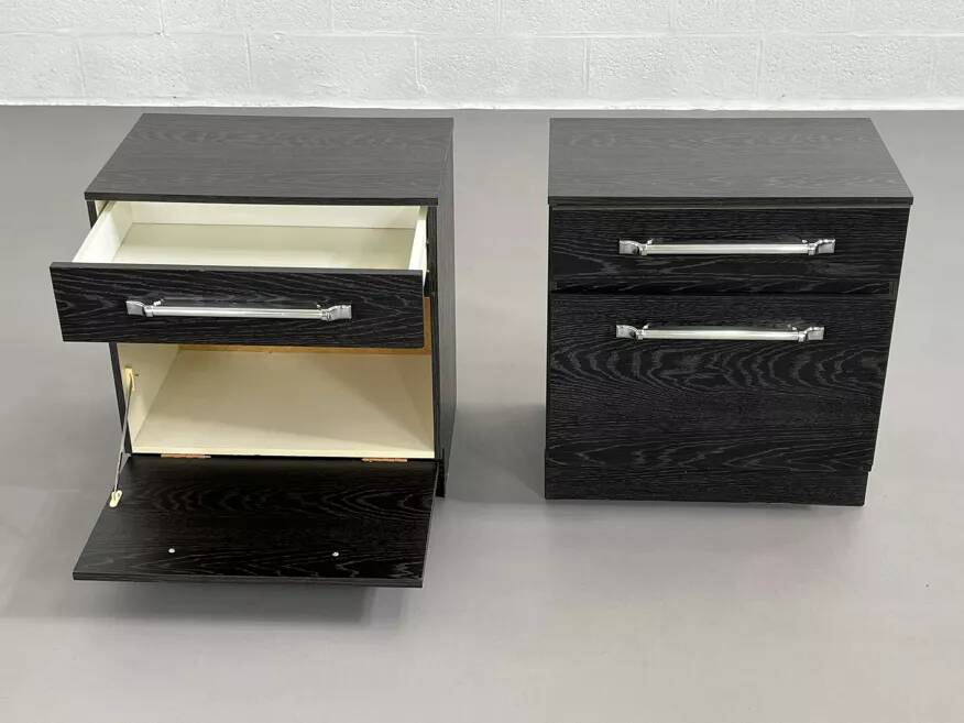 Pair of vintage black and chrome bedside tables