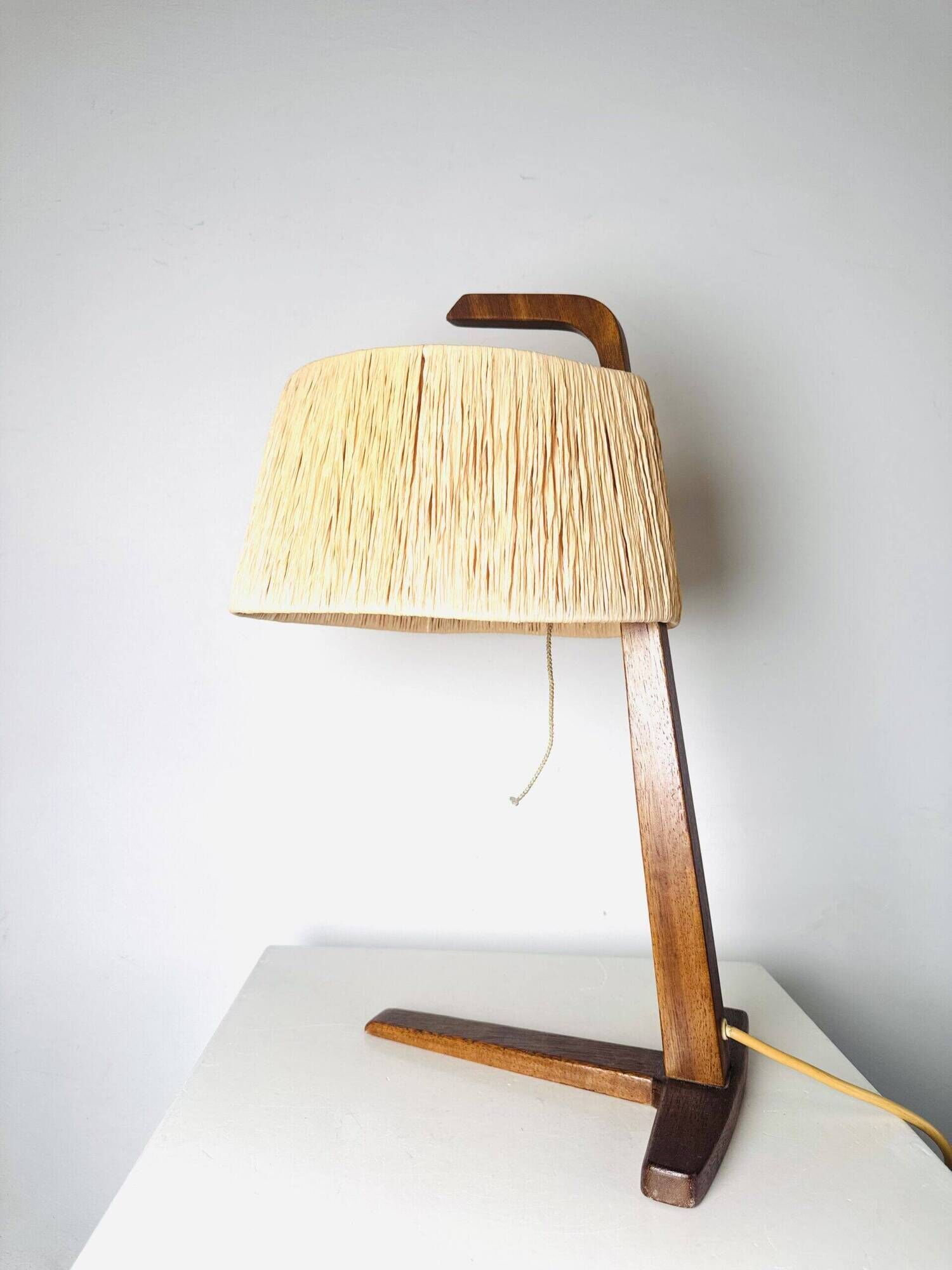 Natural Fibre & Teak Wood Table Lamp By Ib Fabiansen For Fog & Mørup, Denmark 1950S