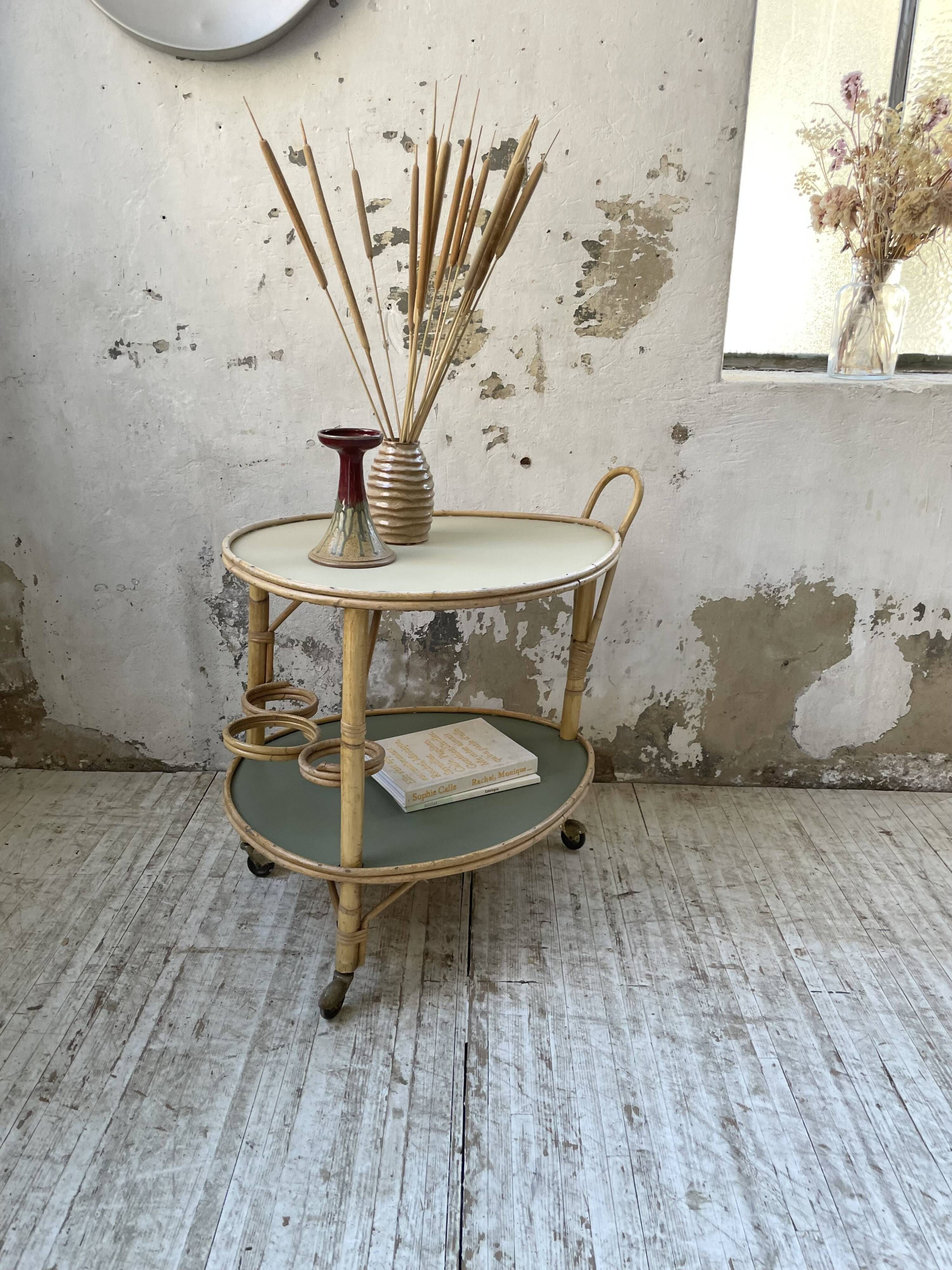 Desserte, table roulante en rotin années 60
