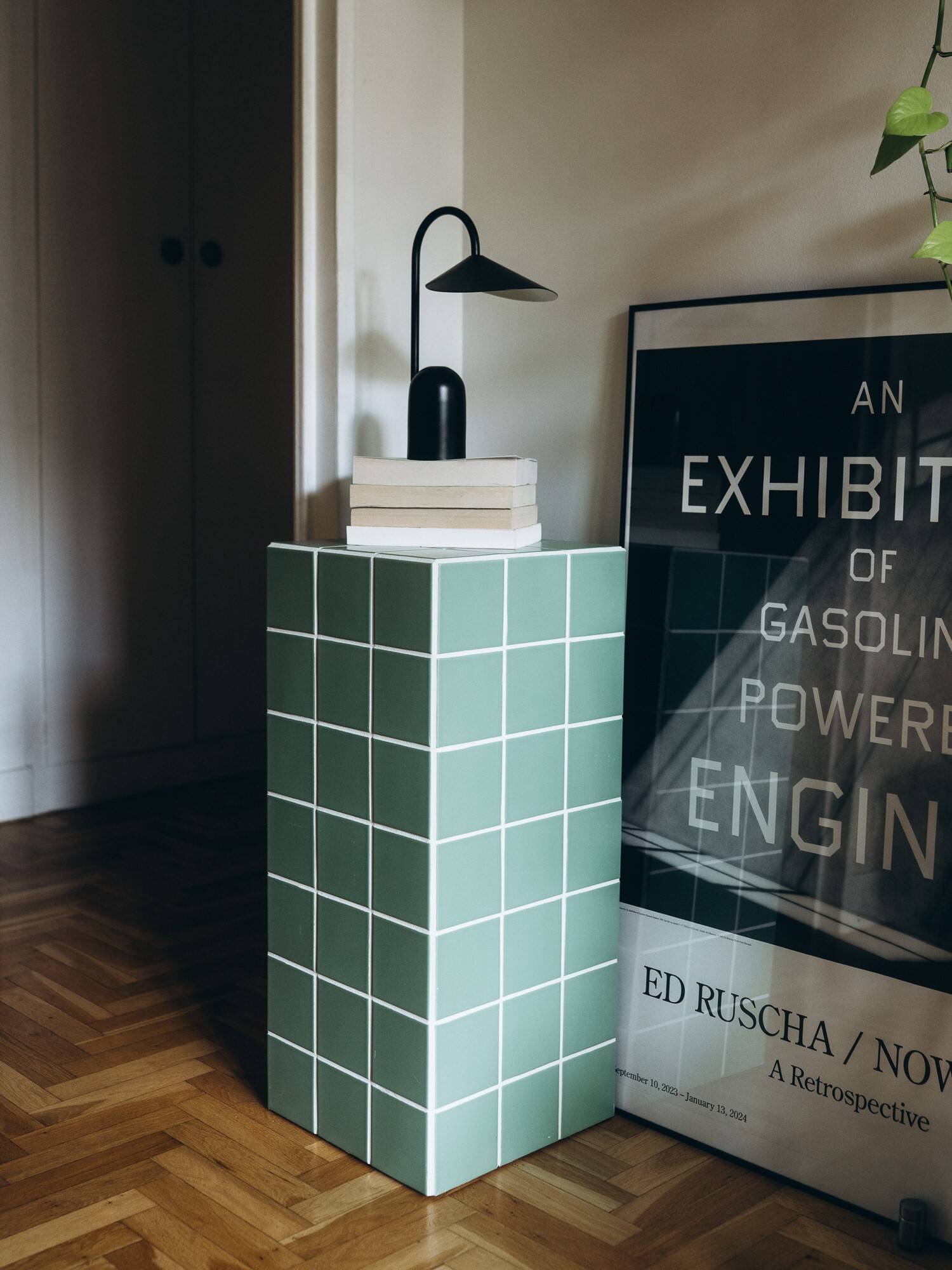Column, side table in green ceramic tiles