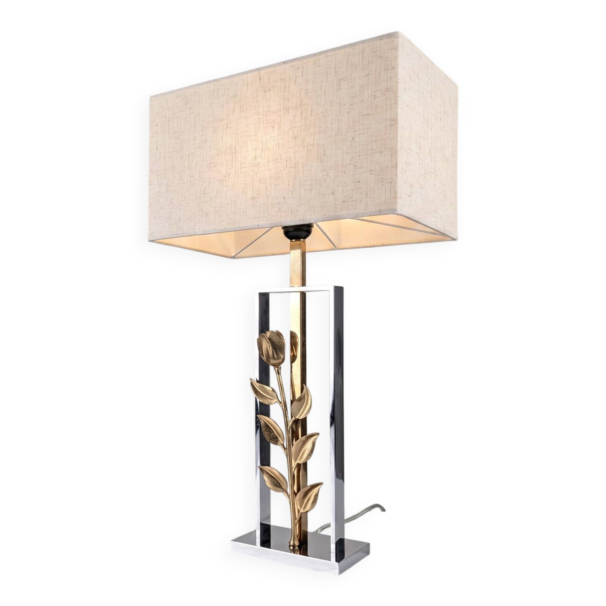 Maison Charles table lamp in chrome and gilt bronze with rose, France, 1970s