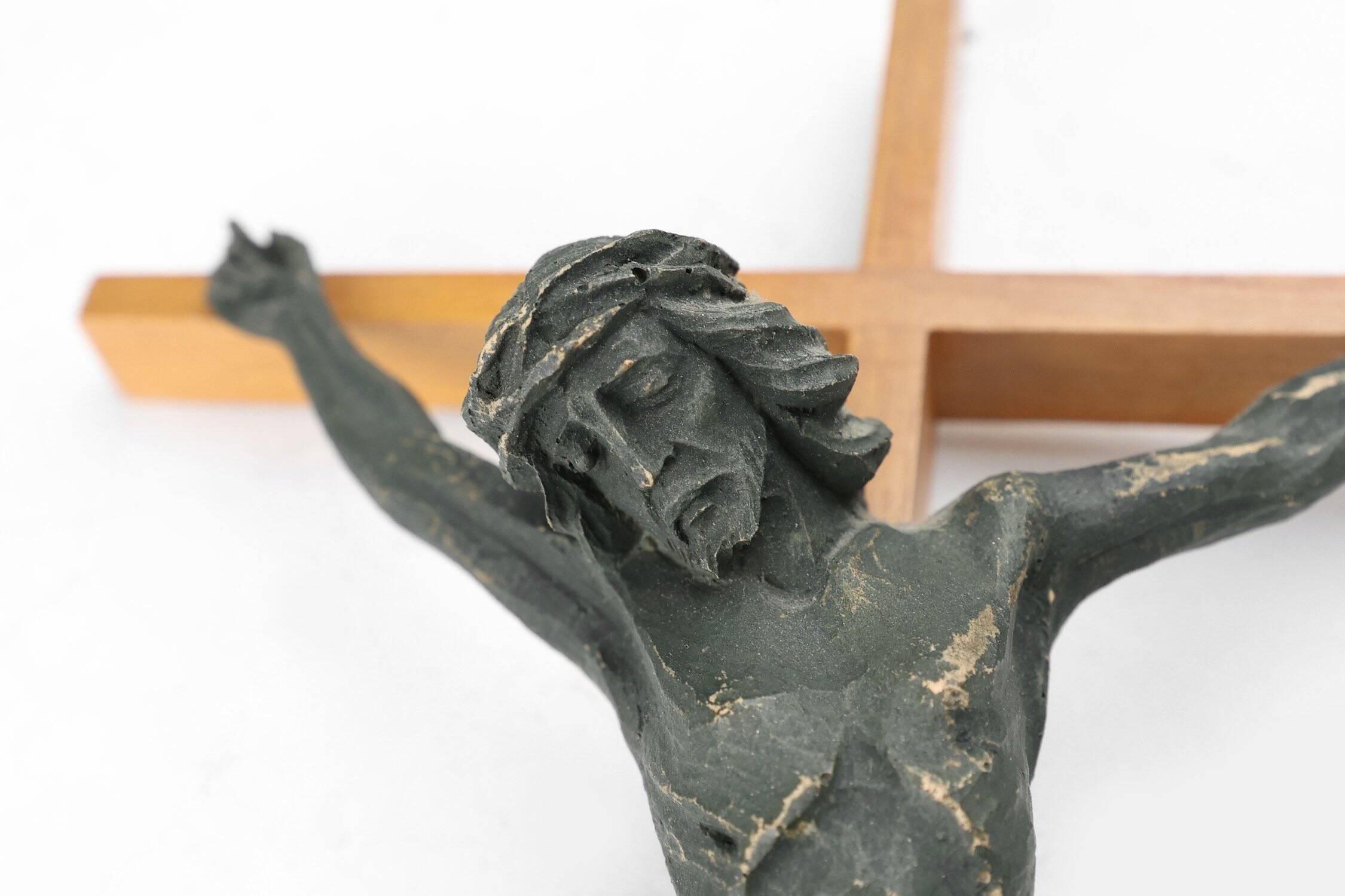 Antique Realistic Wooden Crucifix, France, 1850