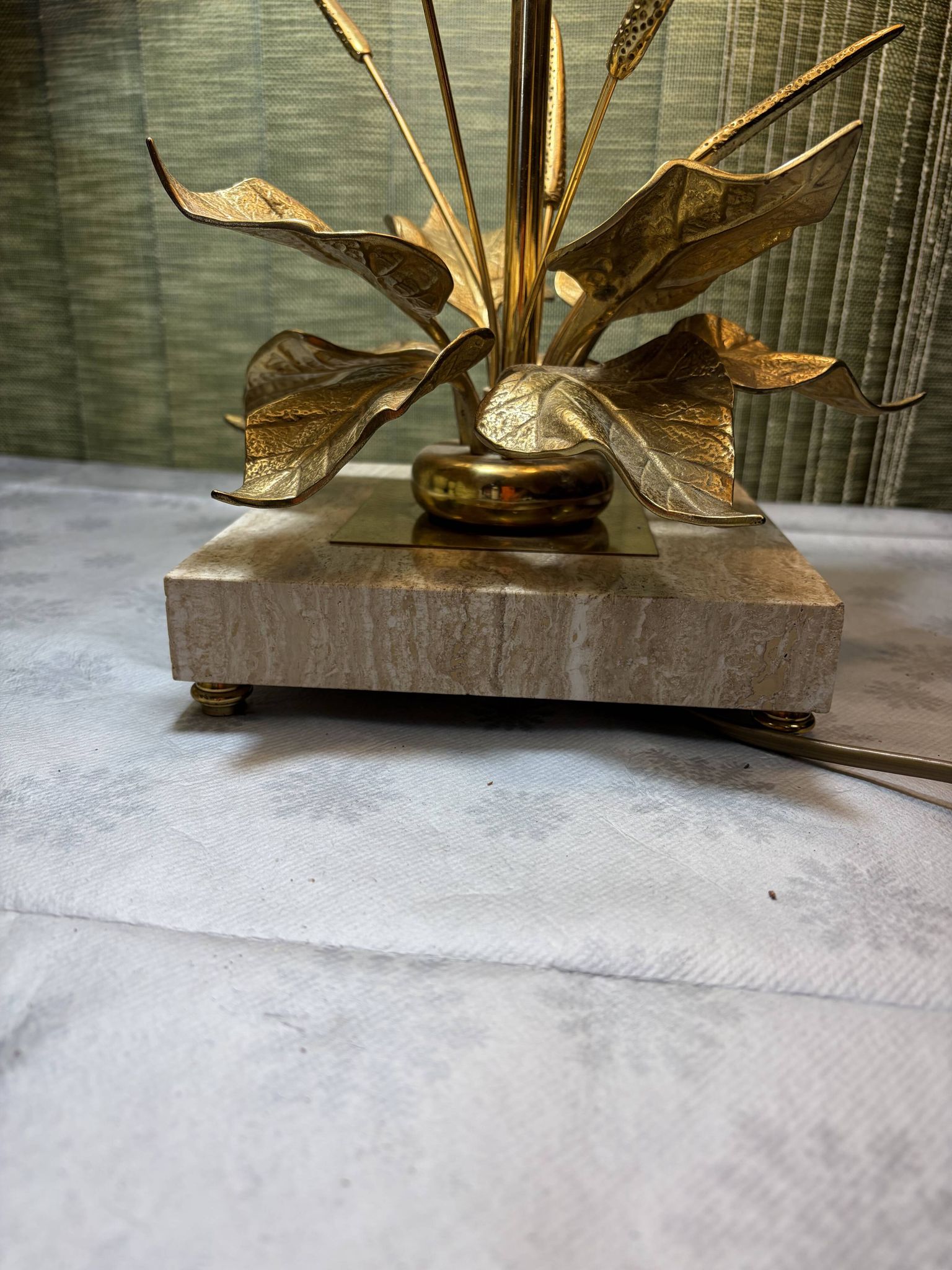 Bronze and travertine water lily lamp attributed to Maison Charles, circa 1970.