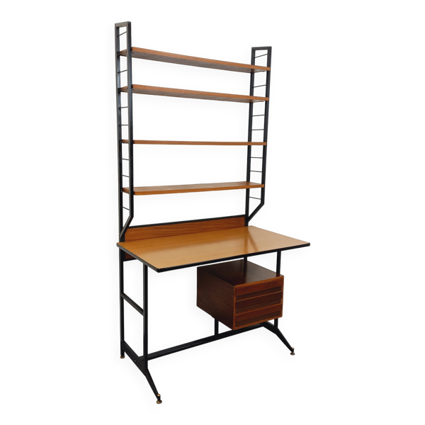 Bureau italien moderniste avec bibliothèque étagère string teck métal