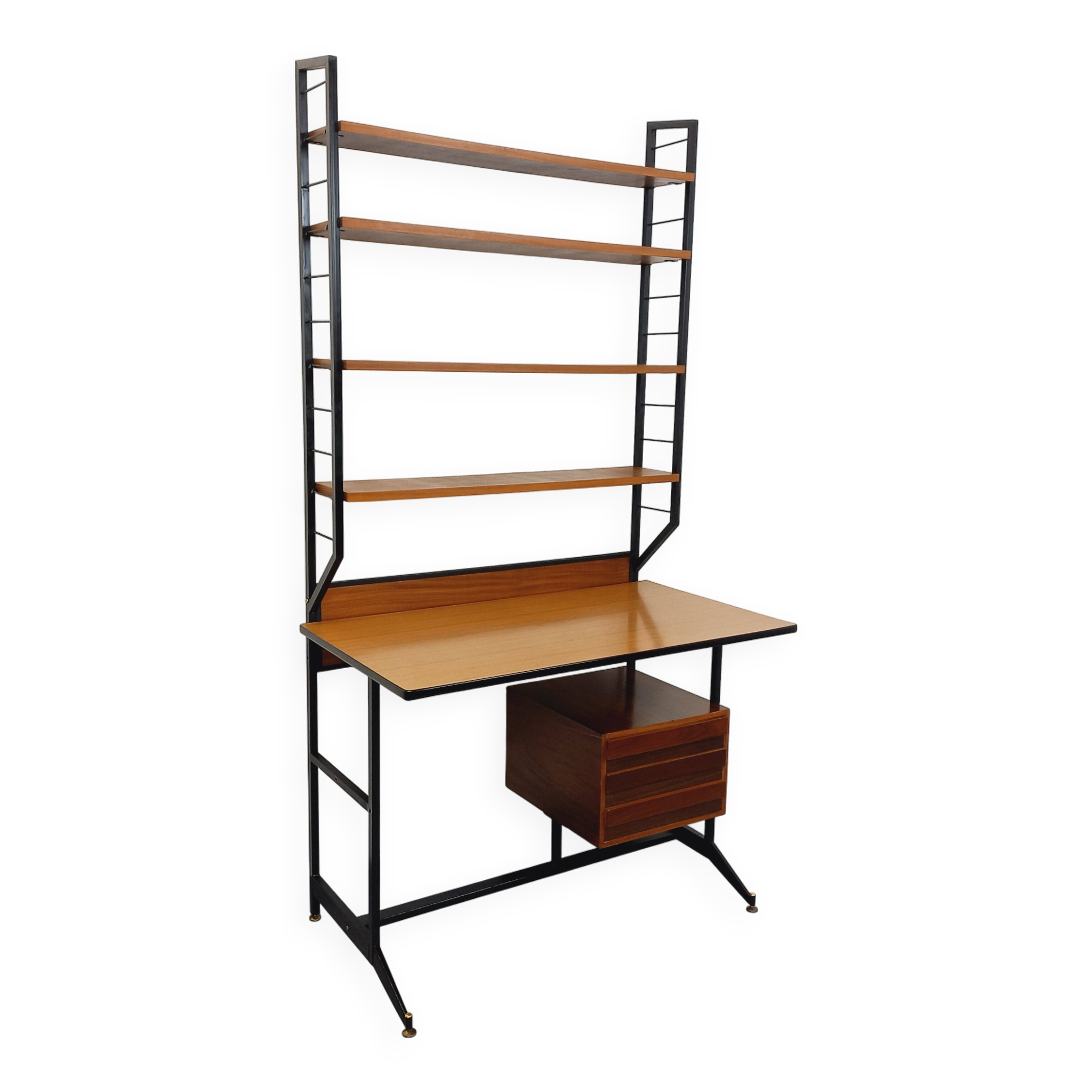 Bureau italien moderniste avec bibliothèque étagère string teck métal