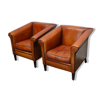 Paire de fauteuils club vintage en cuir cognac Pays-Bas