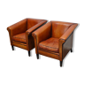 Paire de fauteuils club vintage en cuir cognac Pays-Bas