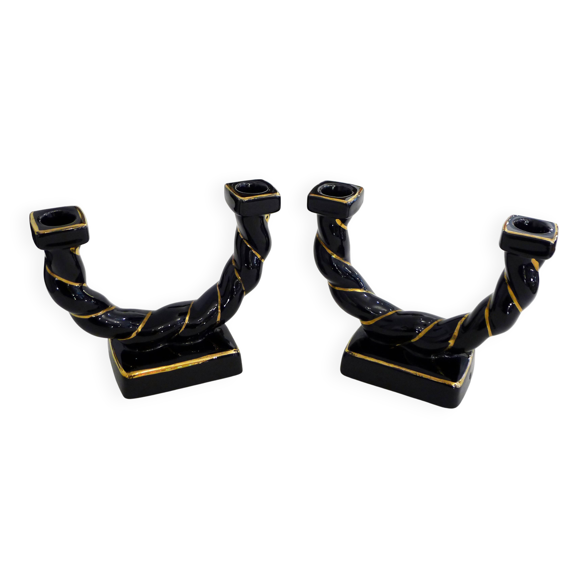 Pair of earthenware braided rope candlesticks