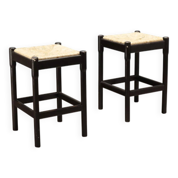 Paire de tabourets vintage en bois et corde, Italie, années 1970