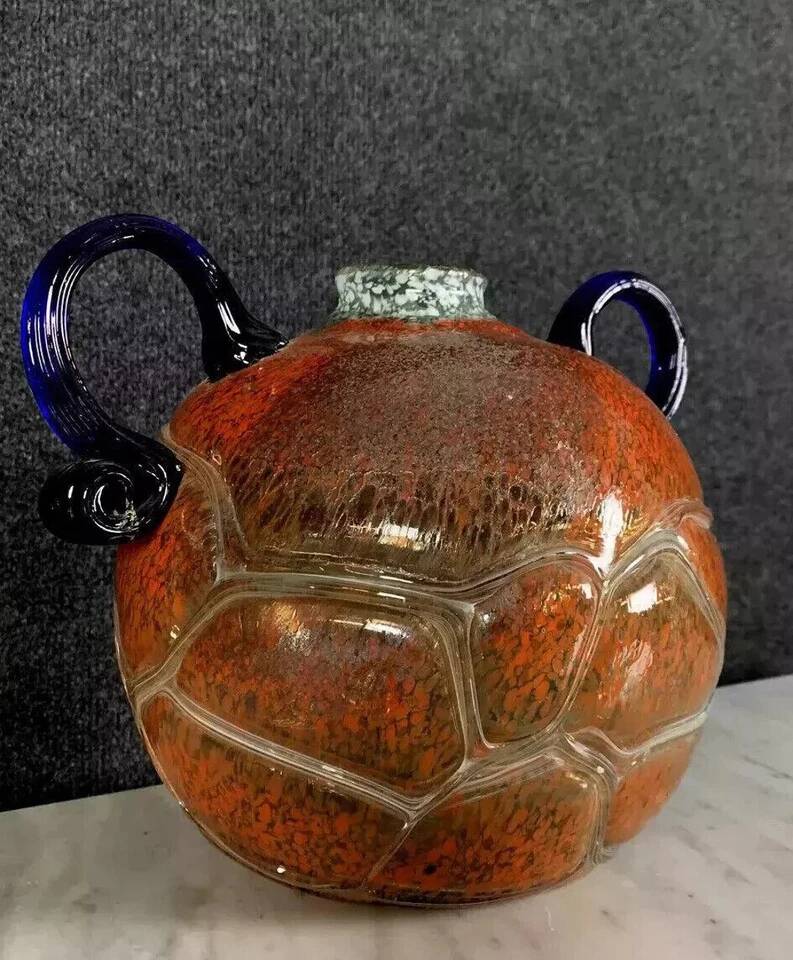 Blown glass ball vase with two handles in glass paste, Art Deco period