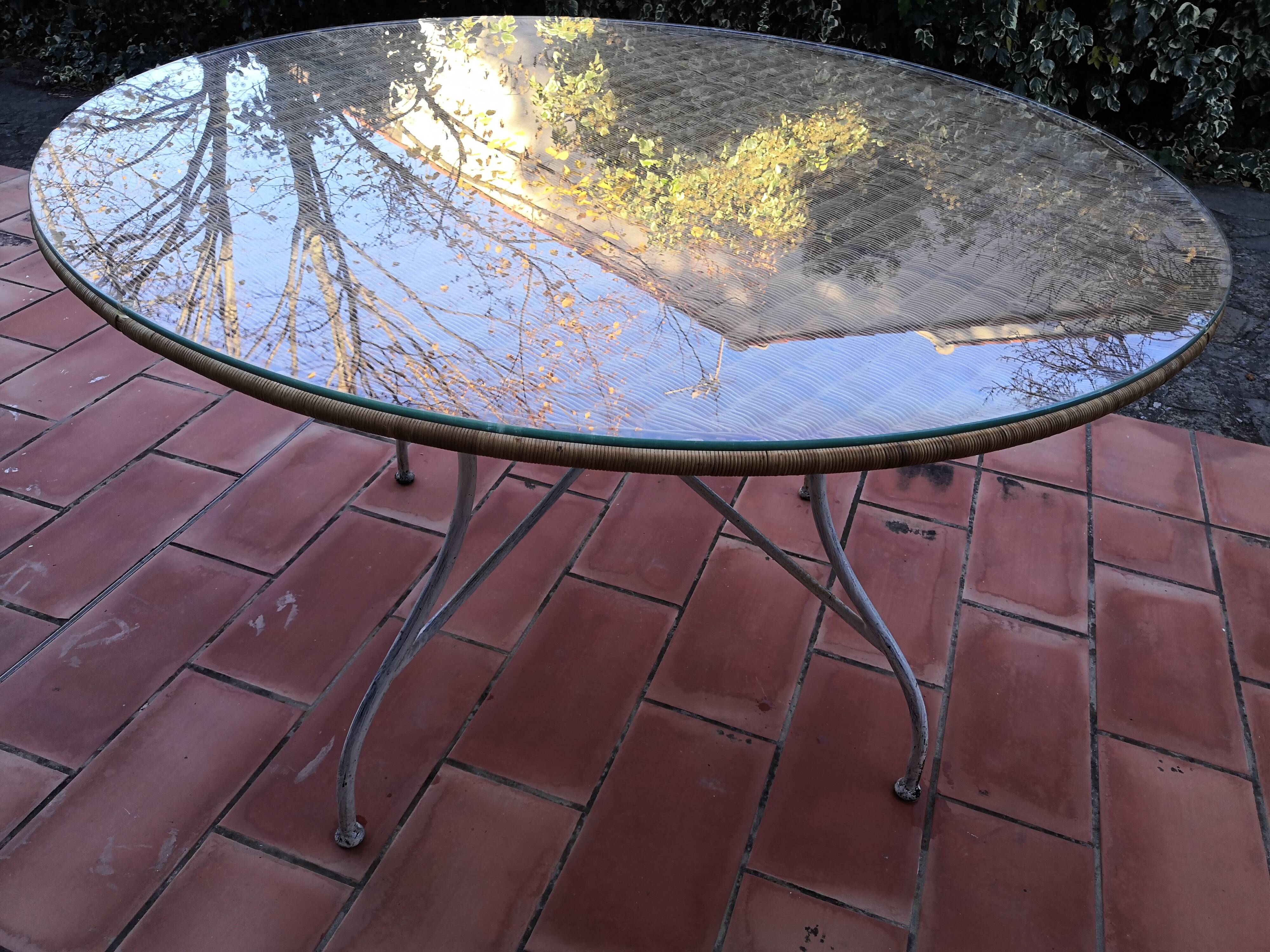 Dining table rattan and glass top & vintage metal legs