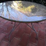 Dining table rattan and glass top & vintage metal legs