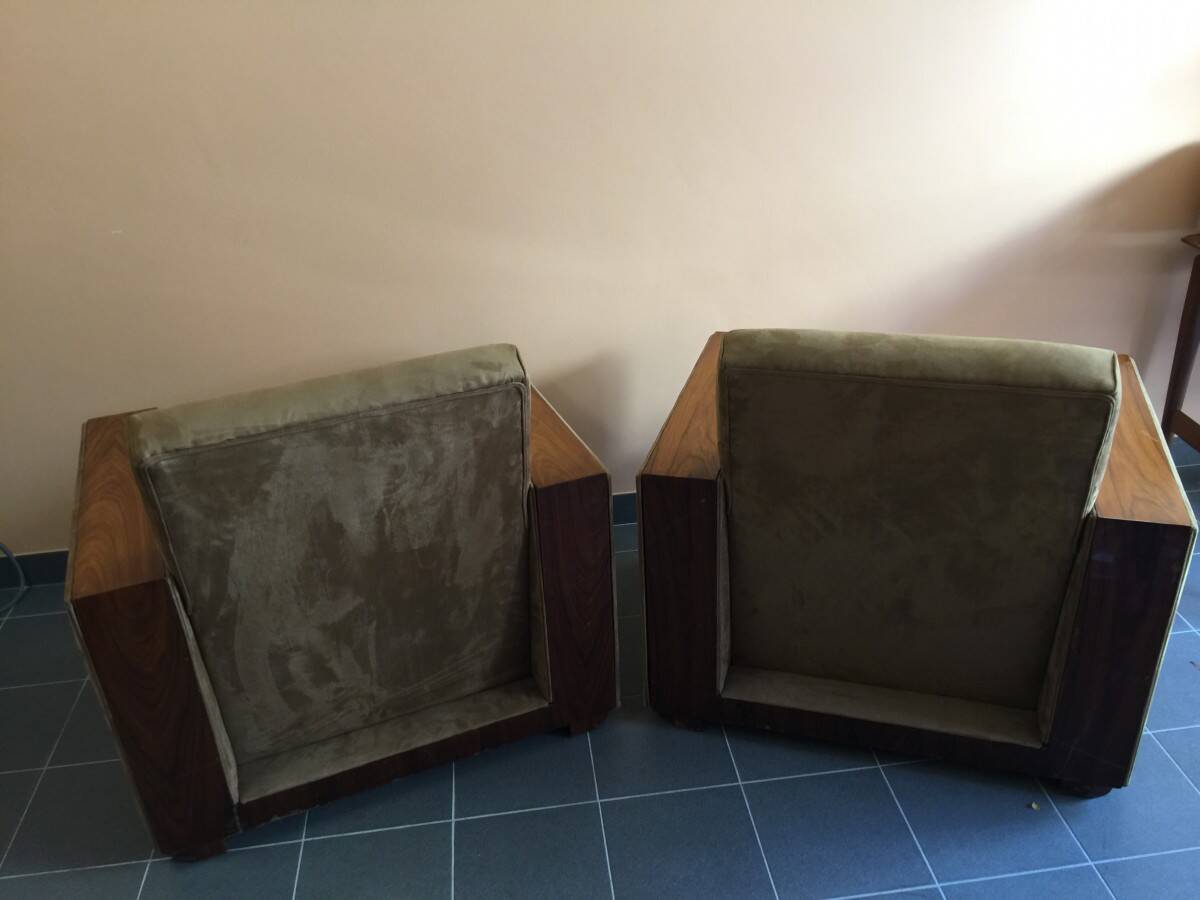Pair of modernist Art Deco armchairs in alcantara and walnut, 1930