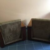 Pair of modernist Art Deco armchairs in alcantara and walnut, 1930