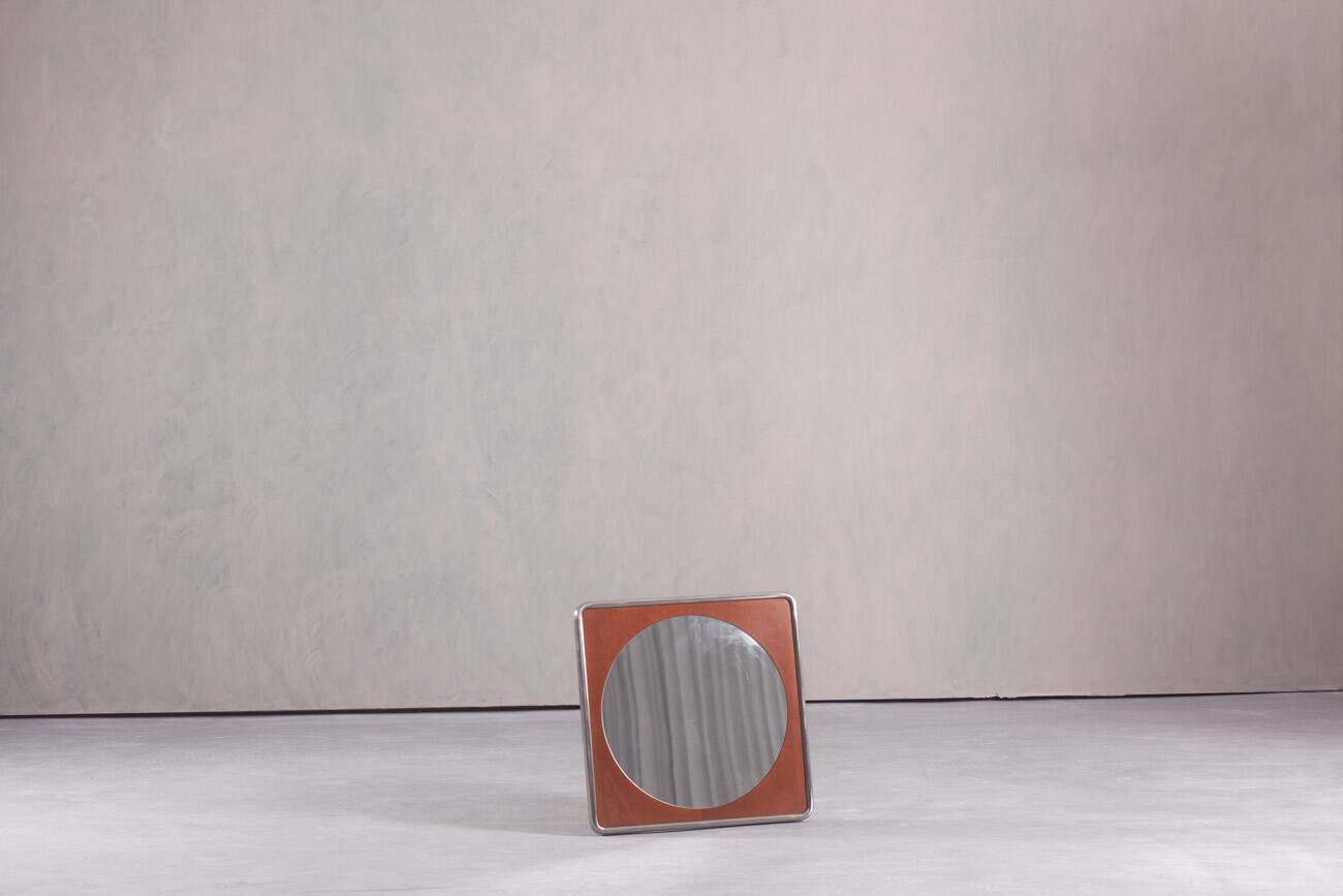 Vintage square metal and wood wall mirror, Germany 1970s