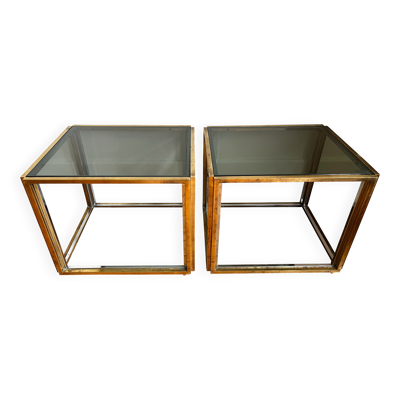Paire de gueridon / bouts de canapé / chevets, chrome et doré, 1970s