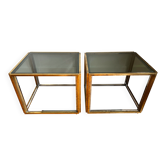 Paire de gueridon / bouts de canapé / chevets, chrome et doré, 1970s