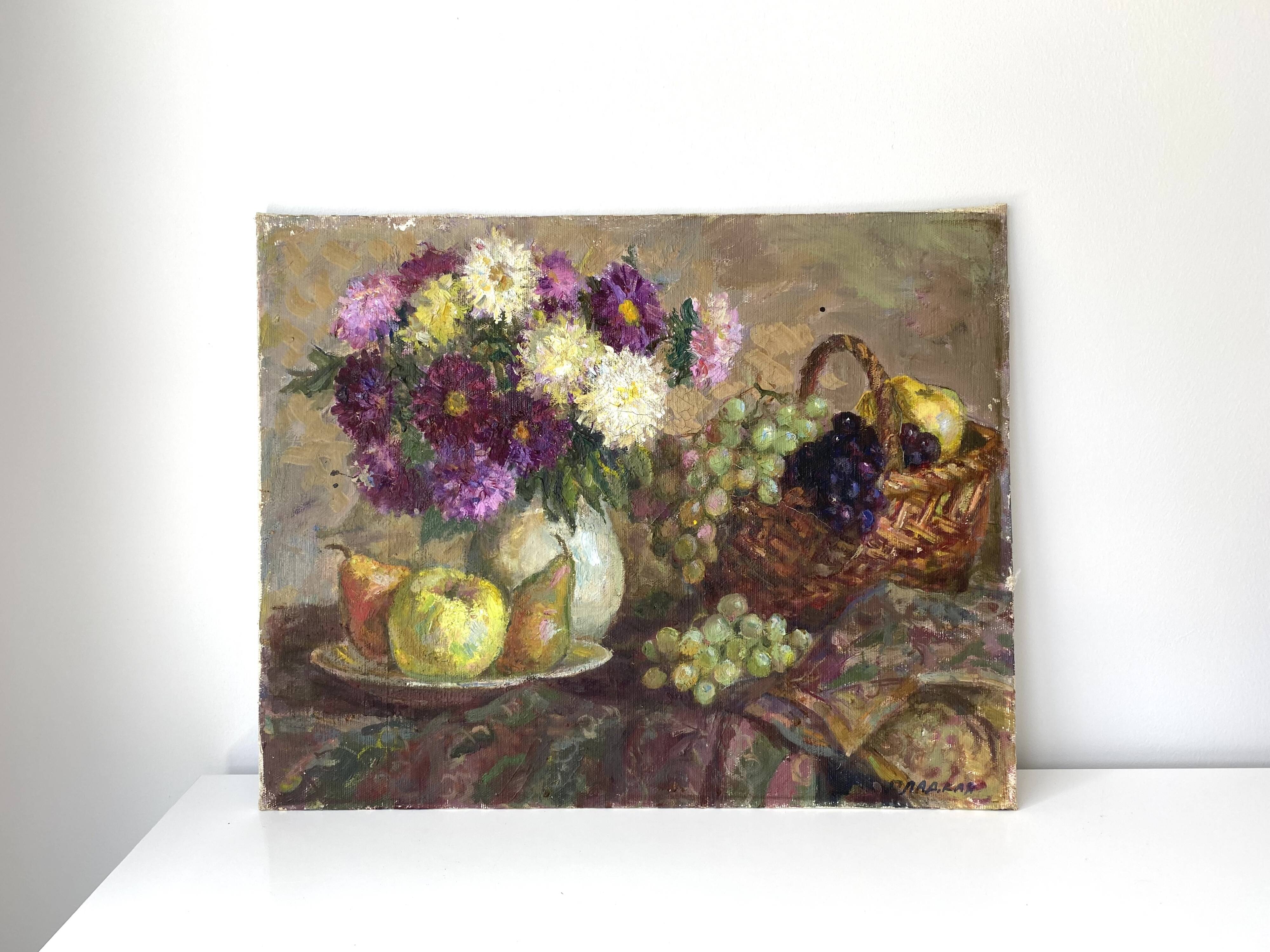 Nature morte à l'huile sur toile signée Gladkaya, peinture de fleurs et fruits années 60