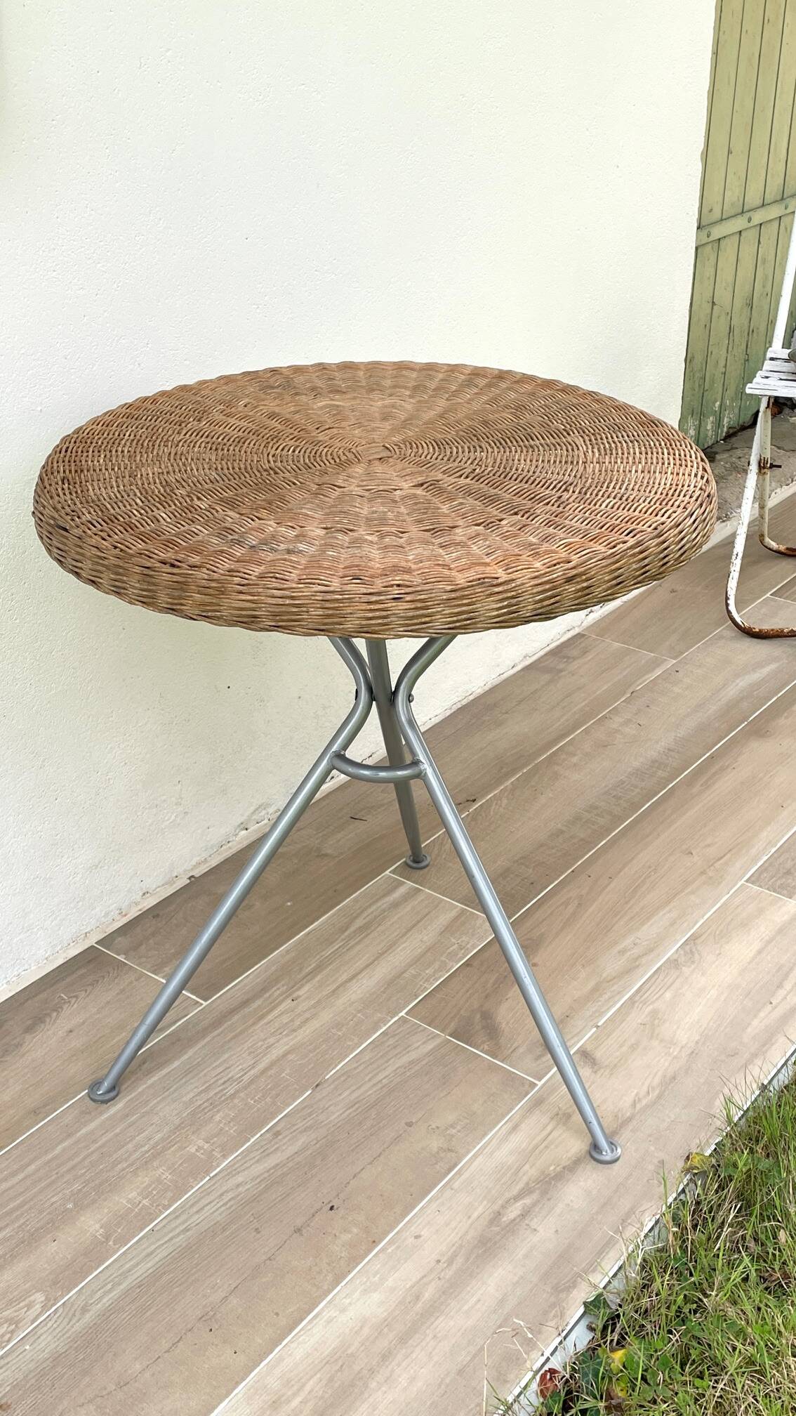 Rattan and lacquered metal folding table
