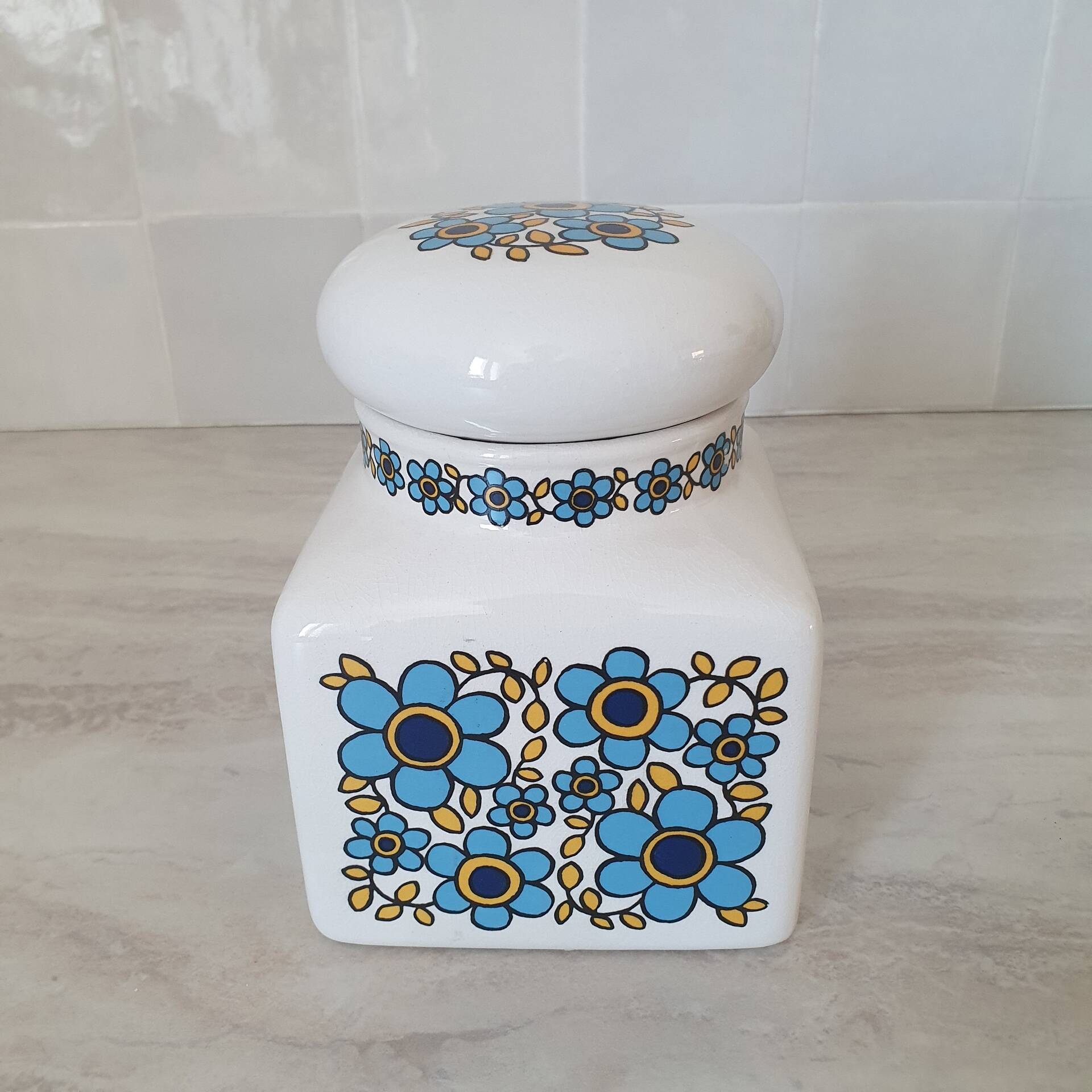 Ceramic storage pot with blue flower pattern Tauntun Vale / England