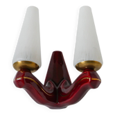 Double globe wall lamp in glass and burgundy ceramic support Art Deco 1930