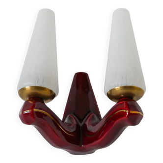 Double globe wall lamp in glass and burgundy ceramic support Art Deco 1930