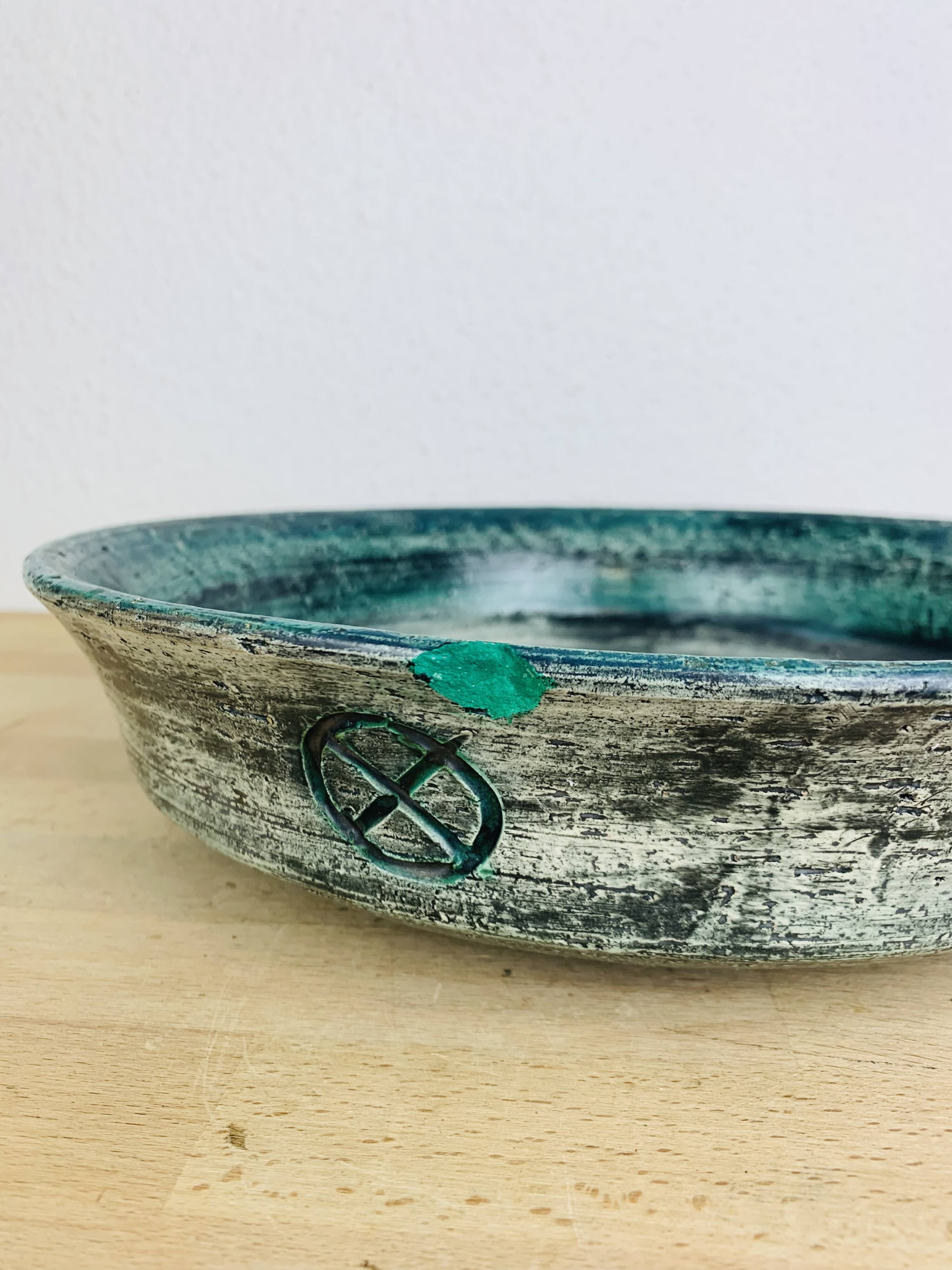 Round blue ceramic dish signed Arol Norway
