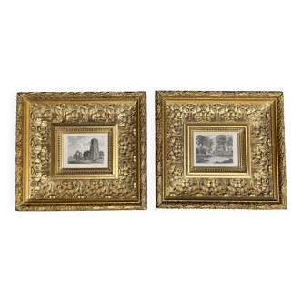 Paire gravures anglaises importants encadrements dorés XIXème