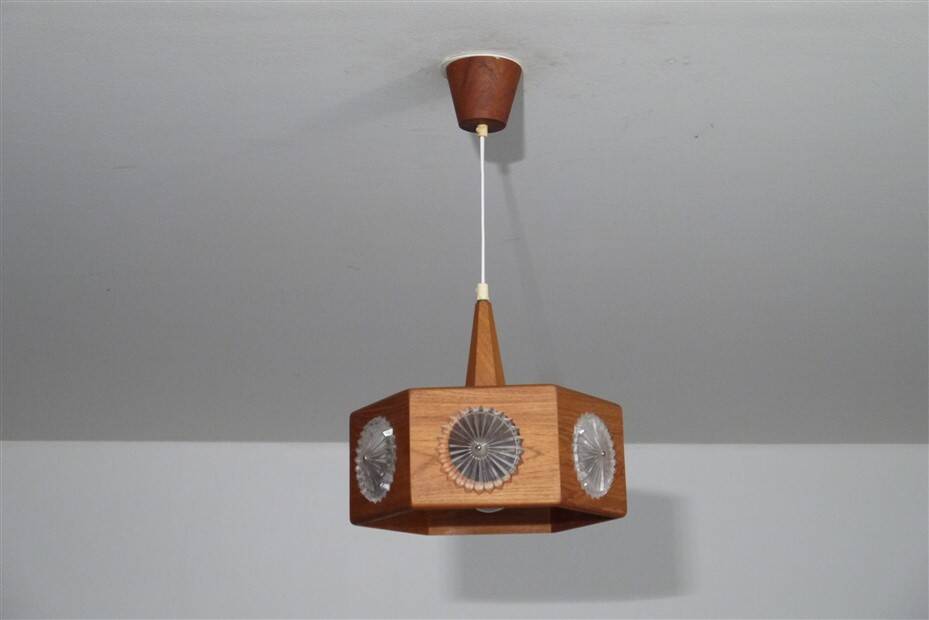 Vintage Scandinavian teak and glass pendant light 1960