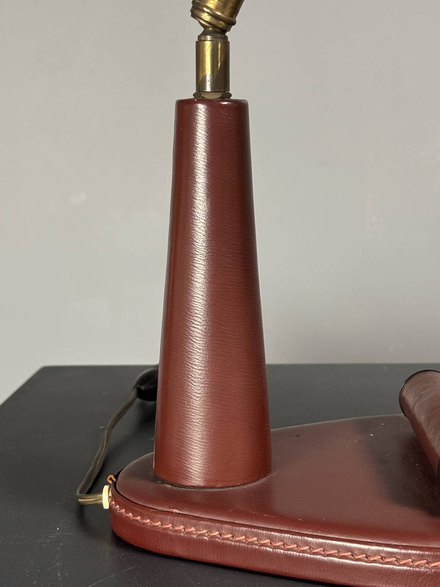 Midcentury leather wrapped French desk lamp style of Jacques Adnet, 1950s