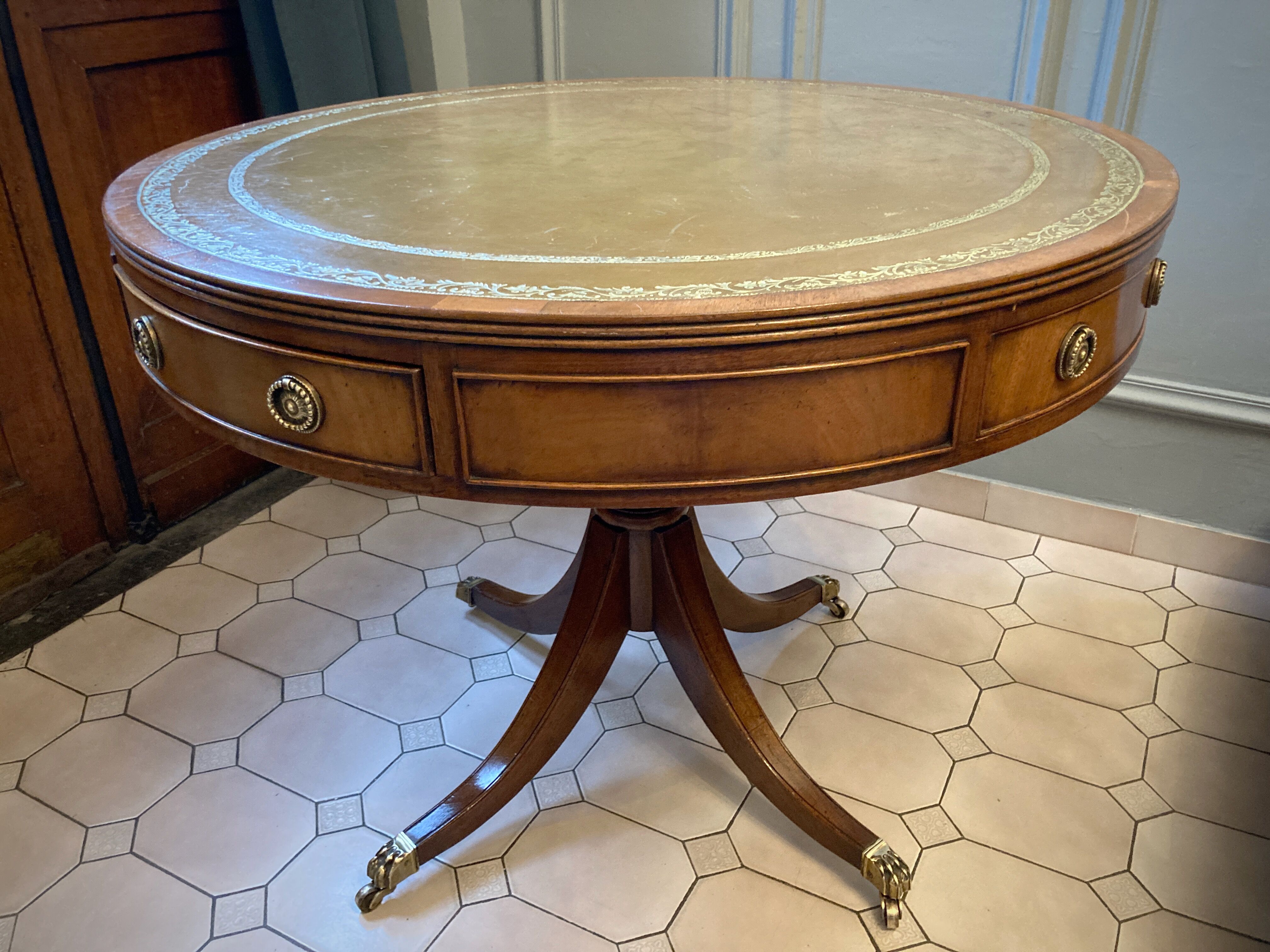 Old drum table 1900 cherry leather and brass