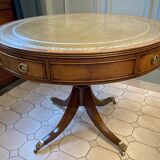Table tambour 1900  merisier cuir et laiton