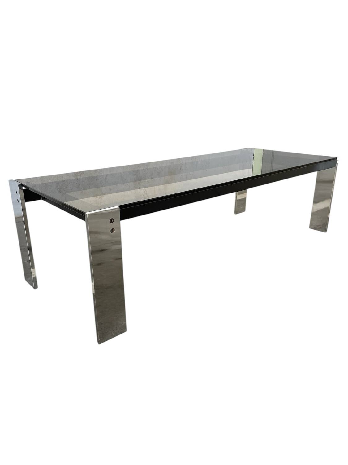 Chrome-plated steel coffee table with tempered smoked glass top